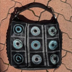 Isabella Fiore Black and Blue Crochet Pattern Shoulder Bag